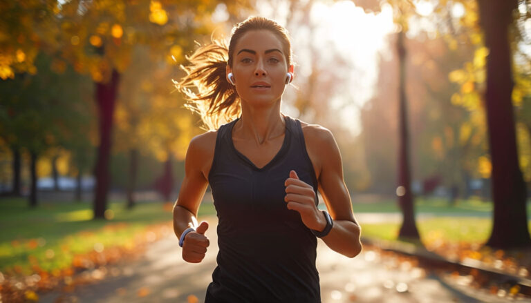 woman-jogging-park-environment-morning-sunlight-running-shoes-athletic-build-earbuds-fitness