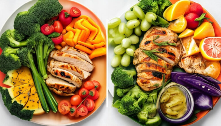 healthy-food-balanced-meal-vegetables-fruits-grilled-chicken-portion-control-colorful-plates-